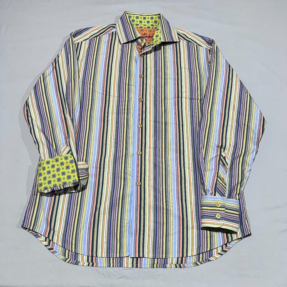 Robert Graham Mens Multicolor Striped Flip Cuff Long-Sleeve Button-Up Shirt L